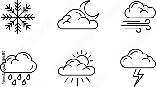 Weather Line Icon Set Snow Cloud Rain Wind Thunder Moon Sun Vector Illustration Collection