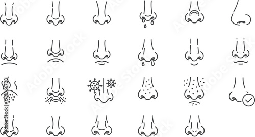 Anatomy Of Human Nose And Olfactory Sense Line Icon Set Featuring Smelling Scent Allergy Sneezing And Nasal Health Symbols For Medical Graphic Design