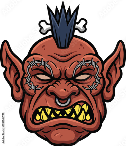 Angry Red Orc Head Illustration with Barbed Wire Details and Spiky Hair for Fantasy Gaming Character or Mascot Logo Design