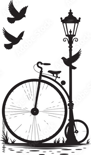 Gemini said
Vintage Penny Farthing Bicycle and Street Lamp Silhouette: Classic Victorian Era Vector, Retro High Wheeler Bike with Birds and Lamp Post: Antique Transportation Illustration