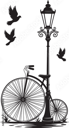 Gemini said
Vintage Penny Farthing Bicycle and Street Lamp Silhouette: Classic Victorian Era Vector, Retro High Wheeler Bike with Birds and Lamp Post: Antique Transportation Illustration