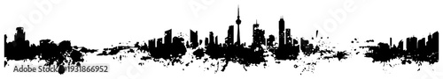 modern city skyline silhouette with heavy black ink splatter and urban grunge style