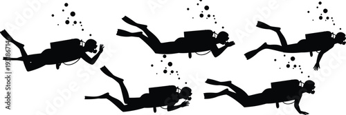 Silhouette scuba divers underwater swimming with fins oxygen tanks masks bubbles illustration aquatic exploration design concept artwork adventure collection