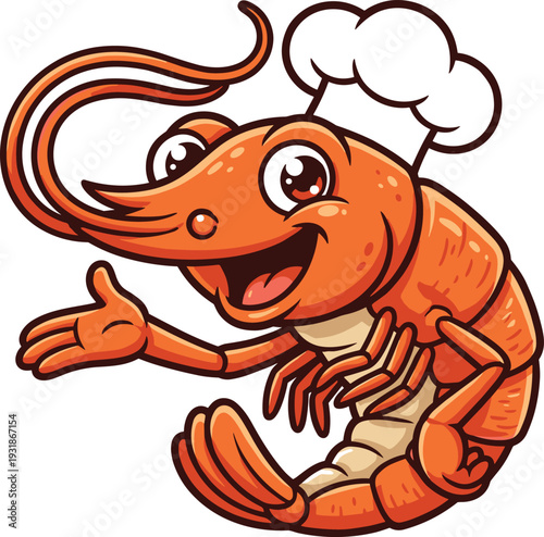 Cartoon shrimp chef mascot wearing a toque hat gesturing towards copy space isolated on a plain white background vector illustration.
