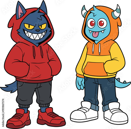 Cool anthropomorphic cat and monster characters wearing casual streetwear hoodies and sneakers, fun cartoon vector illustration for character design projects.
