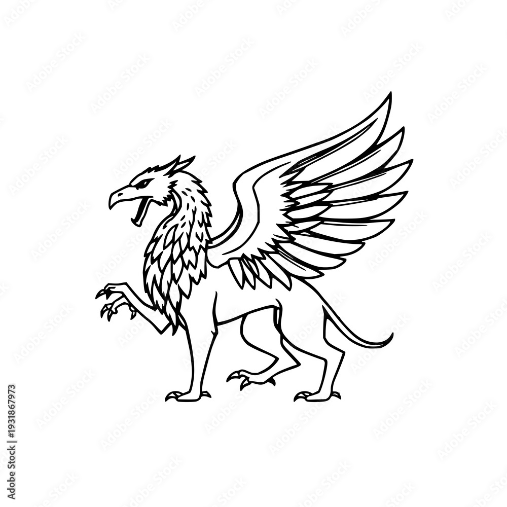 Obraz premium Striking Black Silhouette of a Mythical Griffin, a Powerful Heraldic Beast, Rendered as a Clean 2D Vector Illustration on a Crisp White Background – Ideal for Fantasy & Symbolism Designs
