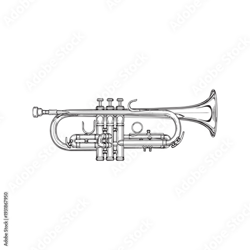 Detailed line drawing of a trumpet, a musical instrument, brass, music