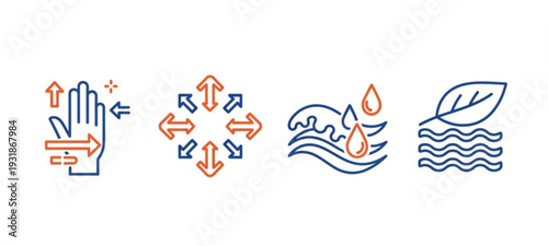 fabric properties icons, icon set of elasticity, moisture absorption, air permeability, softness, layers, fabric line art vector