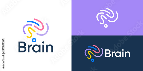 Creative modern colourful brain logo template. Abstract brain with linear, brain tech logo design vector illustration.
