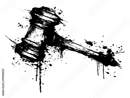 wooden judge gavel with black ink splashes and grunge texture