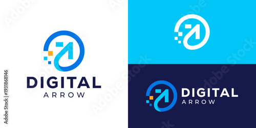 Creative modern digital arrow logo template. Simple circle arrow with digital tech symbol logo design vector illustration.