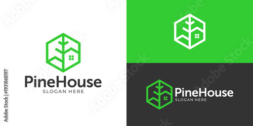 Creative simple pine house logo template. Pine tree with home cottage logo design vector illustration.