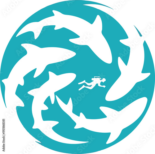 Sharks Circle Scuba Diver Nautical Graphic Illustration
