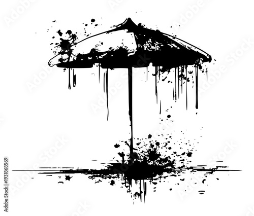 Black grunge beach umbrella vector illustration with ink drips