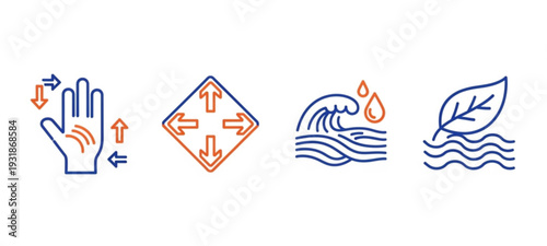 fabric properties icons, icon set of elasticity, moisture absorption, air permeability, softness, layers, fabric line art vector