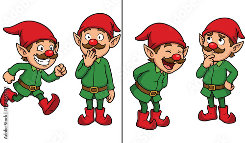 Set of four cute cartoon elf characters with various funny facial expressions and poses isolated on a white background