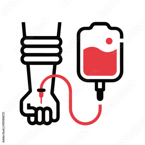 Medical iv drip line with blood bag attached