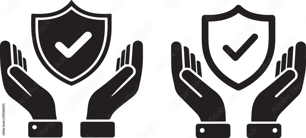 Obraz premium Protective hands shielding a secure shield with checkmark