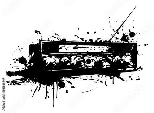 vintage car radio receiver with grunge black ink texture and splatters