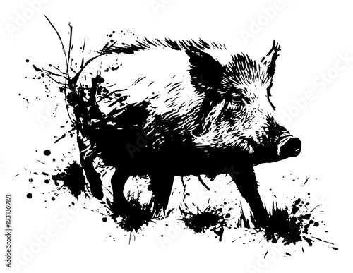 Wild boar walking vector illustration in black grunge ink style
