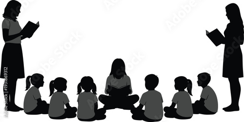 teacher reading book to children sitting in circle, classroom storytelling activity, kids learning education concept, school reading time