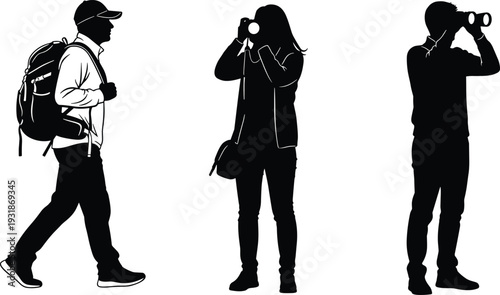 Tourist people silhouettes with backpack camera and binoculars, travel exploration adventure concept, hikers and photographers vector illustration set