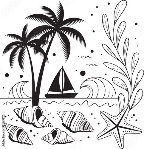 Tropical Island Beach Scene Vector Illustration with Palm Trees Sailboat and Seashells, Minimalist Black and White Summer Vacation Concept for T-shirt Design and Print