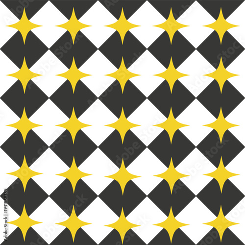 Seamless Yellow Star Pattern with Black and White Geometric Diamond Shapes