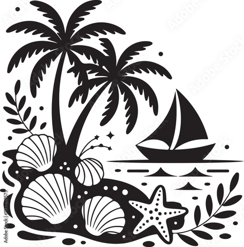 Tropical Island Beach Scene Vector Illustration with Palm Trees Sailboat and Seashells, Minimalist Black and White Summer Vacation Concept for T-shirt Design and Print