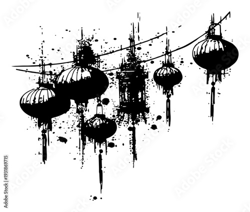 Traditional Chinese lanterns hanging on a string with artistic black ink splatters