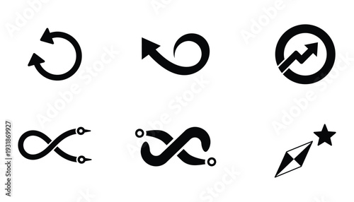 Continuous Growth and Business Cycle Icon Set with Circular Arrow, Infinity Loop, Progress Chart, Momentum Strategy and Success Direction Silhouette Vector Collection