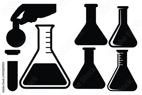 Black silhouettes of laboratory glassware and equipment