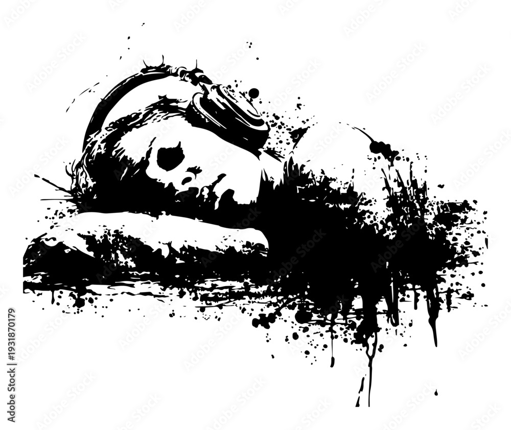 Obraz premium sleeping child wearing headphones in grunge ink splatter style