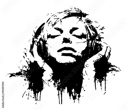 Artistic portrait of a woman wearing headphones listening to music in grunge ink style