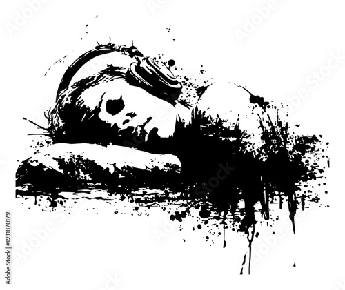 sleeping child wearing headphones in grunge ink splatter style
