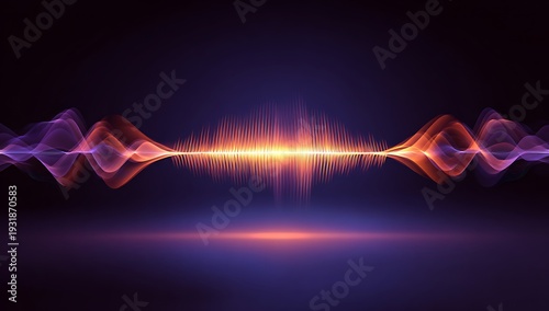 A vibrant abstract sound wave visualization glowing in orange and purple tones against a dark background, representing audio frequency, music energy, and digital signal technology.