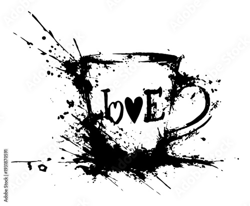 Artistic grunge coffee cup with love text and ink splatters