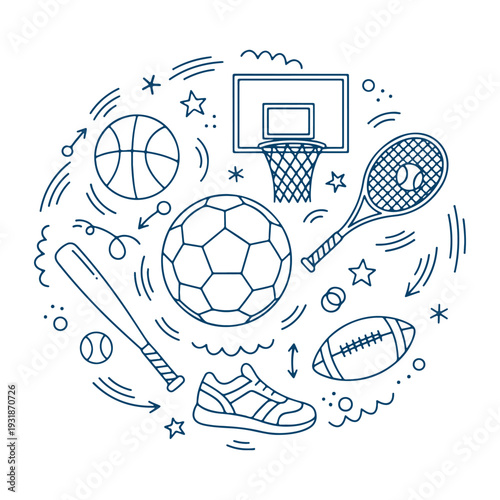 Circular sports doodle illustration with soccer basketball tennis and athletic gear in blue line art on white