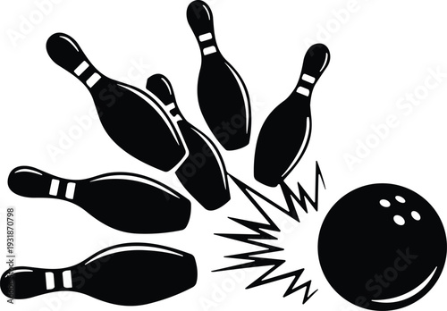 Bowling strike silhouette illustration, falling pins and rolling ball, black vector sport icon, dynamic motion design isolated on white background