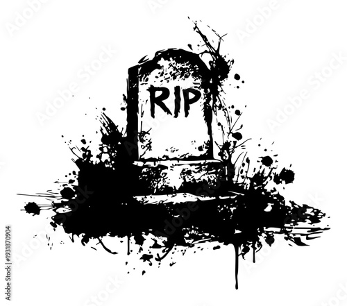 Gravestone with RIP text in black and white grunge ink splatter style