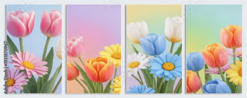 Collection of beautiful backgrounds with spring flowers daisies, tulips, wildflowers with soft, blurred outlines and gradients in pastel shades. The overall style is dreamy, soft, and artistic