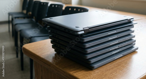 Stack of closed laptops on classroom desk after computer class