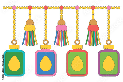 Colorful hanging tassels and lanterns garland with beads and drop symbols for ramadan or festive party decoration with vibrant flat colors