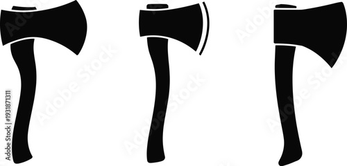 Axe silhouette set, wood cutting tool collection, lumberjack equipment icons, black vector illustration, hatchet shapes isolated on white