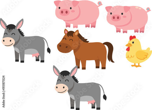 Cute Cartoon Farm Animals Collection Including Pig Horse Donkey and Chicken Isolated on Light Background Vector Illustration