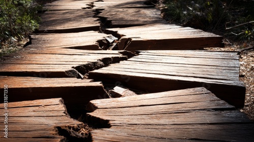 seismic. Wooden boardwalk fractured and displaced by seismic activity. ESG reports, sustainability campaigns, designed for sustainability communications and ESG reporting, drives climate awareness.
