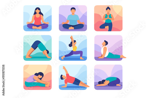 Yoga poses and meditation practice collection illustration