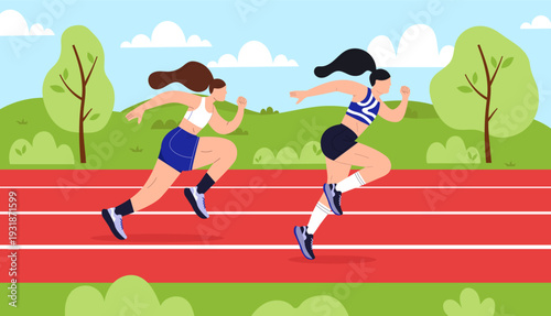 Flat vector scene with two athletic women running on a stadium track, one athlete overtaking another. Dynamic sports composition focused on speed, competition and active lifestyle.