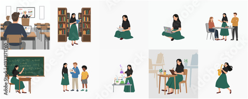 Minimalist Flat Illustration Diverse Student Lifestyle at School and Learning Activities
