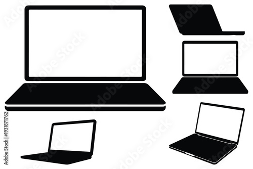 Black laptop computer in various positions silhouette